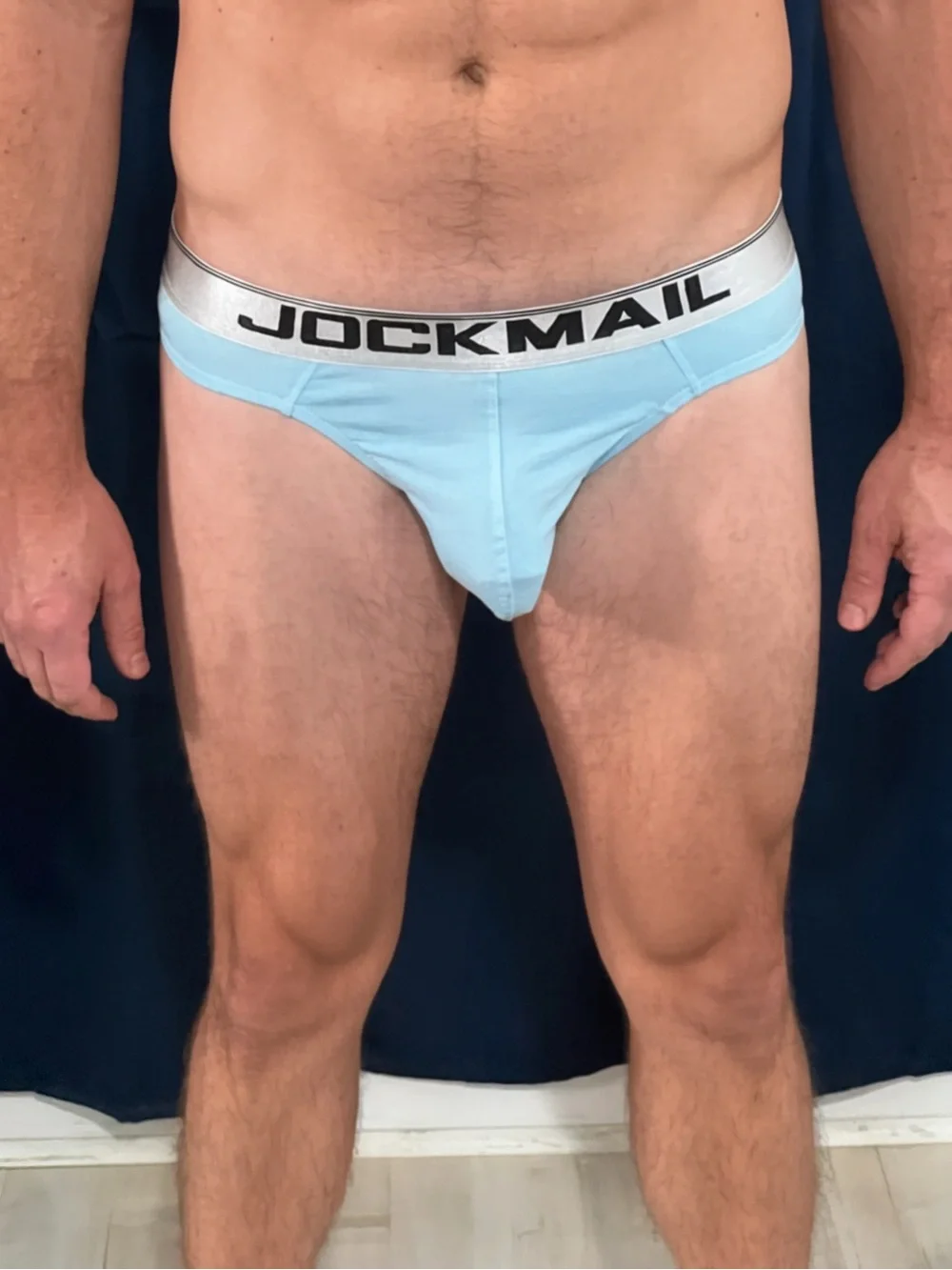 Jockmail Light Blue Men's Thong with Silver Waistband